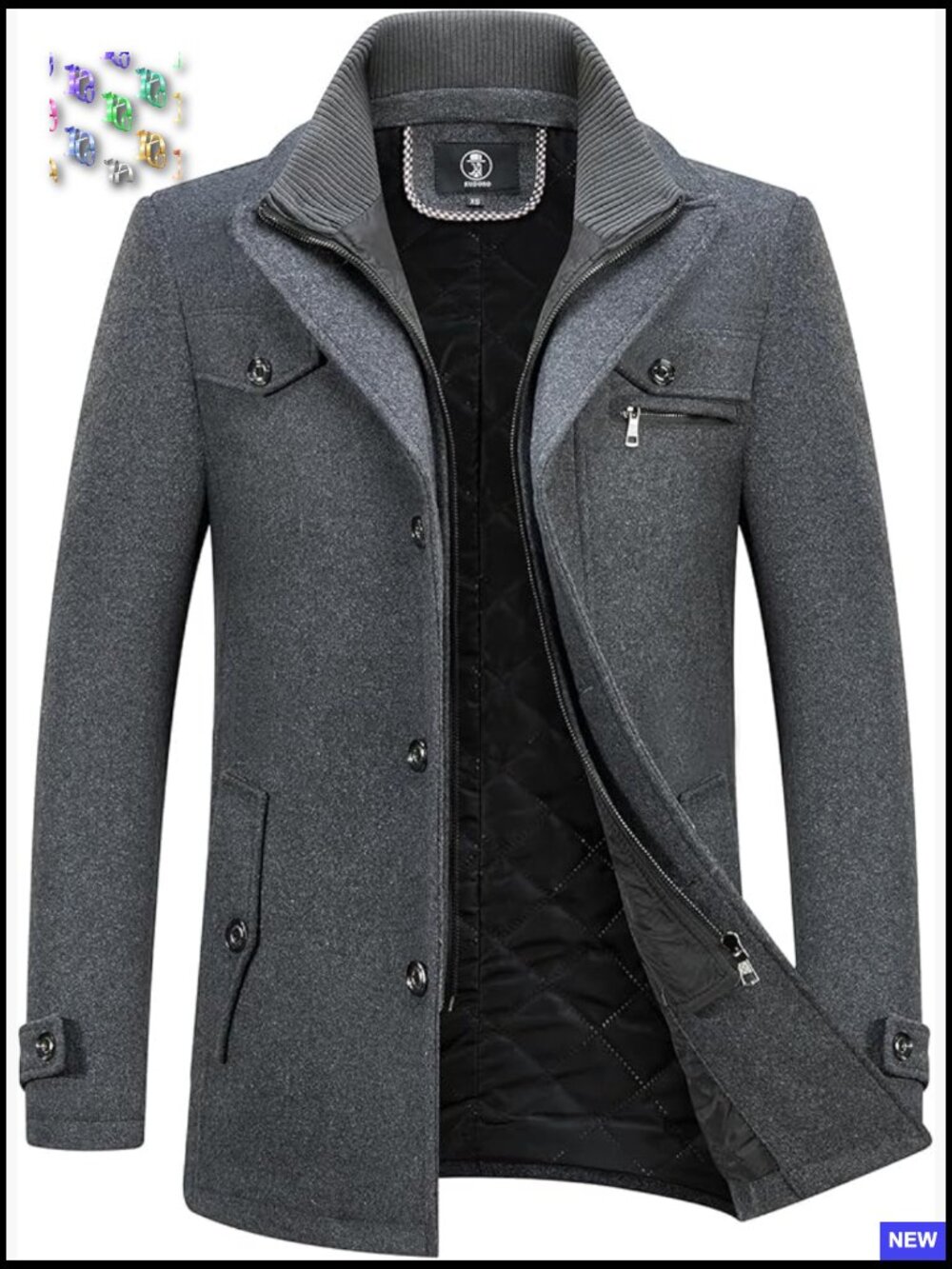 Men's Wool Blend Trench Coat Slim Fit Classic Detachable Collar Winter Dress